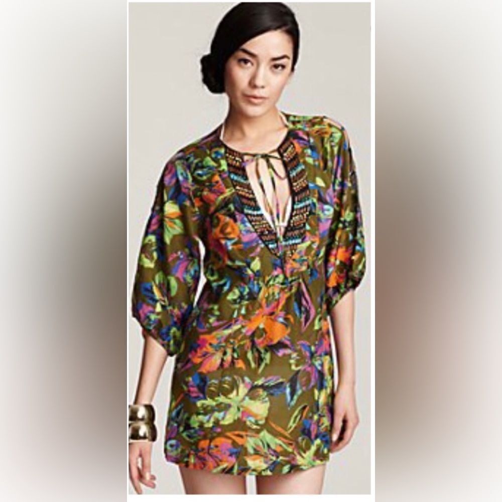 Nanetteย Lepore Swim Bold Neon Multi Beaded Cotton/Silk SwimโCover Up Size Large